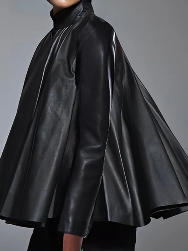 A-line Long Sleeves Big Hemline Solid Color Stand Collar Leather Top - Image 4