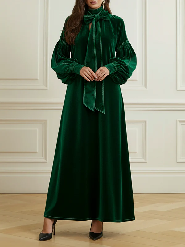 A-Line Long Sleeves Bow-Embellished Pleated Solid Color Split-Joint High Neck Maxi Dresses