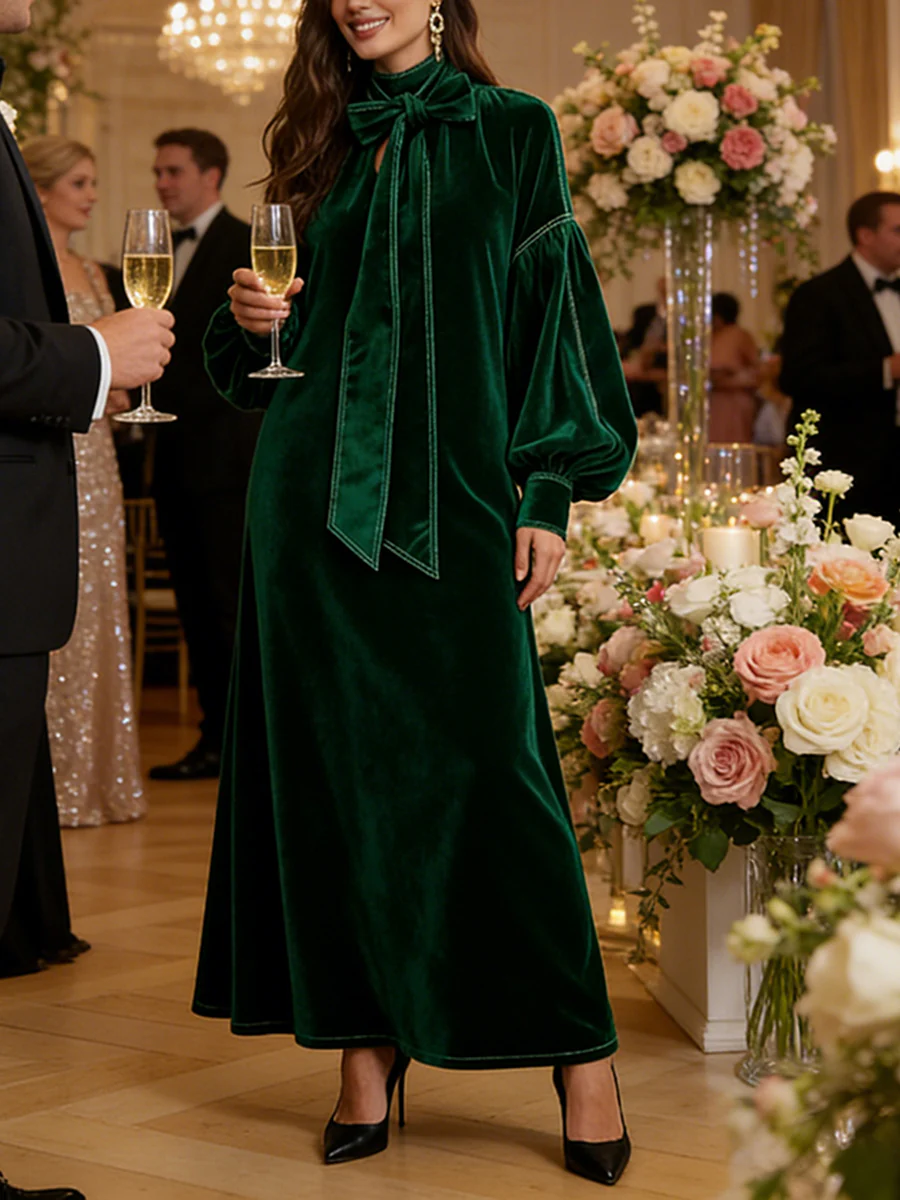 A-Line Long Sleeves Bow-Embellished Pleated Solid Color Split-Joint High Neck Maxi Dresses - Image 2