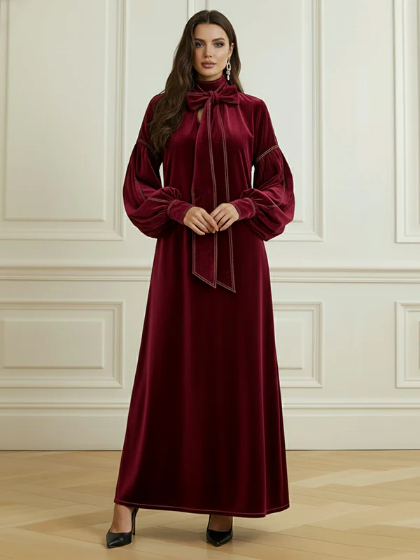 A-Line Long Sleeves Bow-Embellished Pleated Solid Color Split-Joint High Neck Maxi Dresses - Image 4