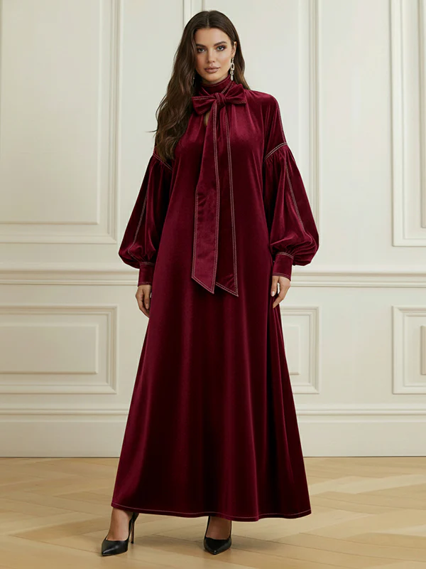 A-Line Long Sleeves Bow-Embellished Pleated Solid Color Split-Joint High Neck Maxi Dresses - Image 5