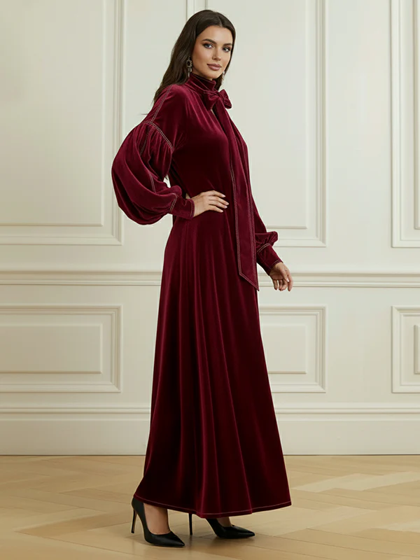 A-Line Long Sleeves Bow-Embellished Pleated Solid Color Split-Joint High Neck Maxi Dresses - Image 6