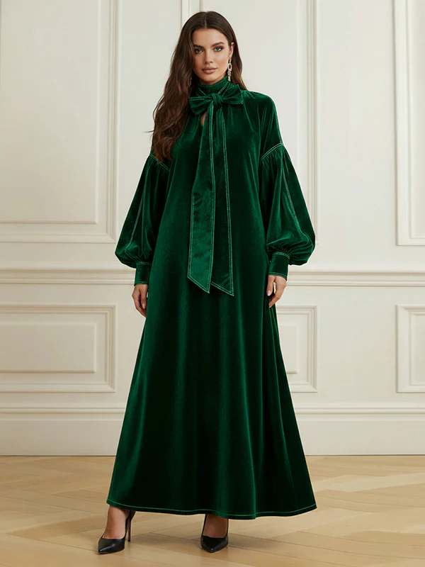 A-Line Long Sleeves Bow-Embellished Pleated Solid Color Split-Joint High Neck Maxi Dresses - Image 7
