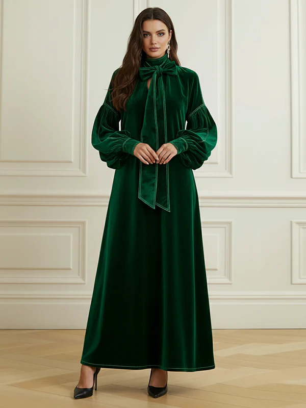 A-Line Long Sleeves Bow-Embellished Pleated Solid Color Split-Joint High Neck Maxi Dresses - Image 8