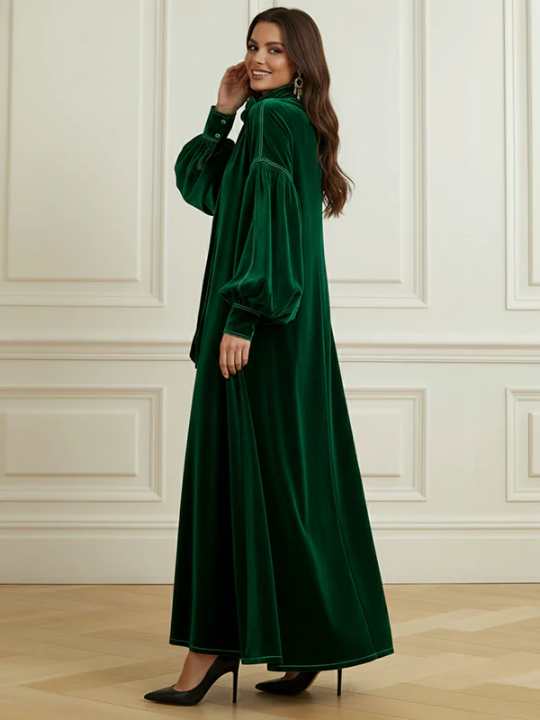 A-Line Long Sleeves Bow-Embellished Pleated Solid Color Split-Joint High Neck Maxi Dresses - Image 9