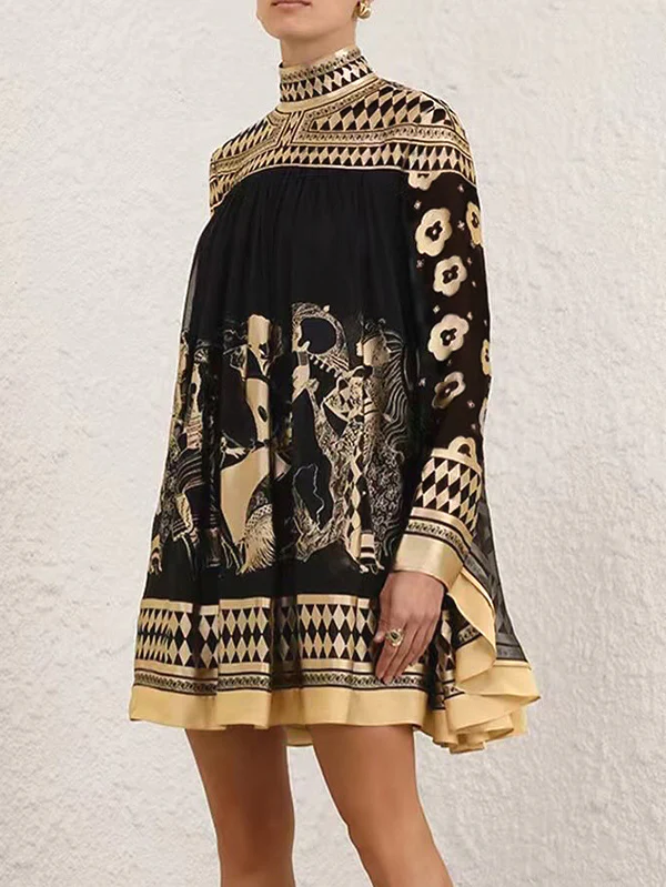 A-Line Long Sleeves Bronzing Printed Split-Joint Mock Neck Mini Dresses - Image 3
