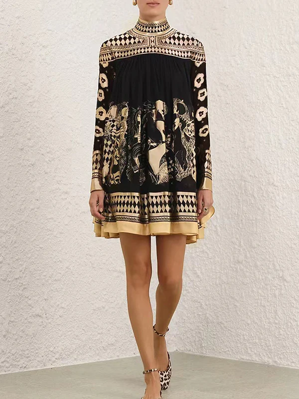 A-Line Long Sleeves Bronzing Printed Split-Joint Mock Neck Mini Dresses - Image 4