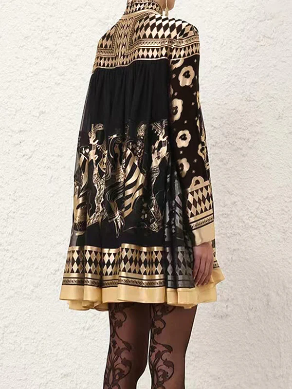 A-Line Long Sleeves Bronzing Printed Split-Joint Mock Neck Mini Dresses - Image 5