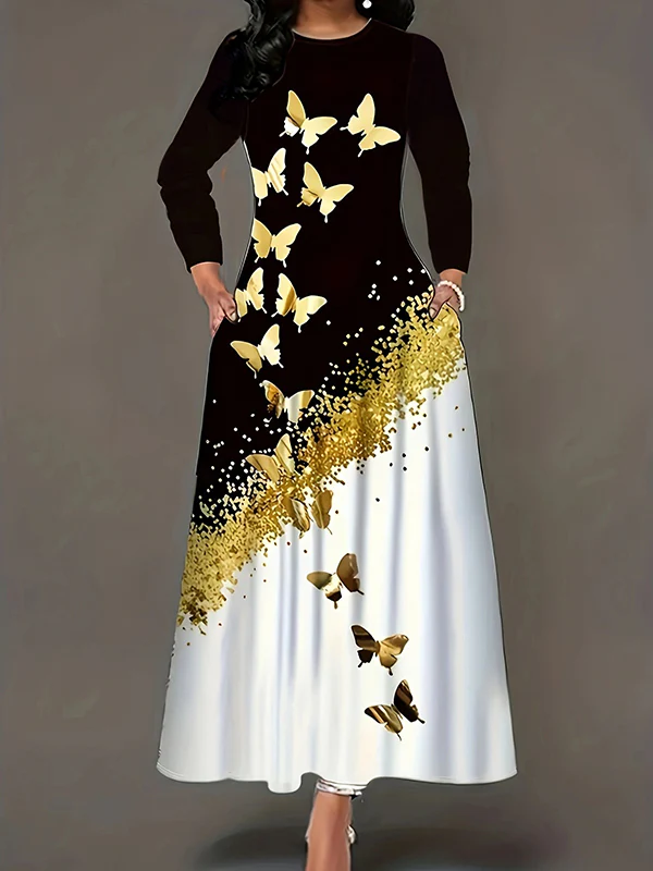 A-Line Long Sleeves Butterfly Print Pockets Round-Neck Maxi Dresses - Image 2