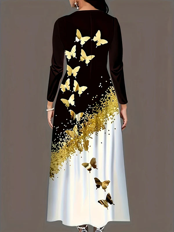 A-Line Long Sleeves Butterfly Print Pockets Round-Neck Maxi Dresses - Image 3