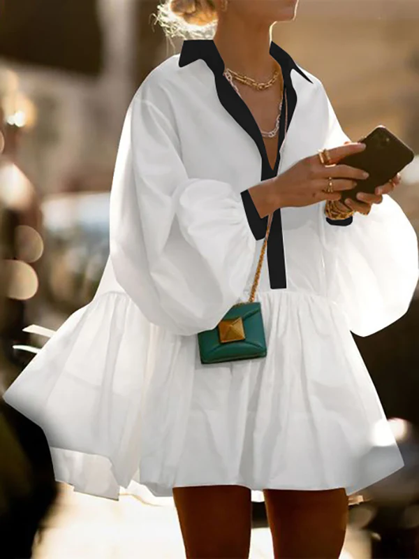 A-Line Long Sleeves Buttoned Contrast Color Pleated Lapel Mini Dresses Shirt Dress - Image 2
