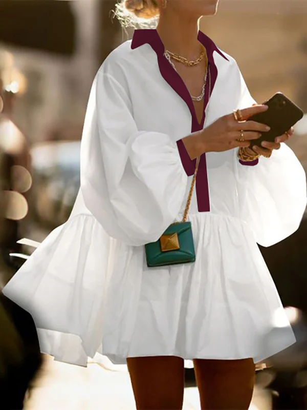 A-Line Long Sleeves Buttoned Contrast Color Pleated Lapel Mini Dresses Shirt Dress - Image 3