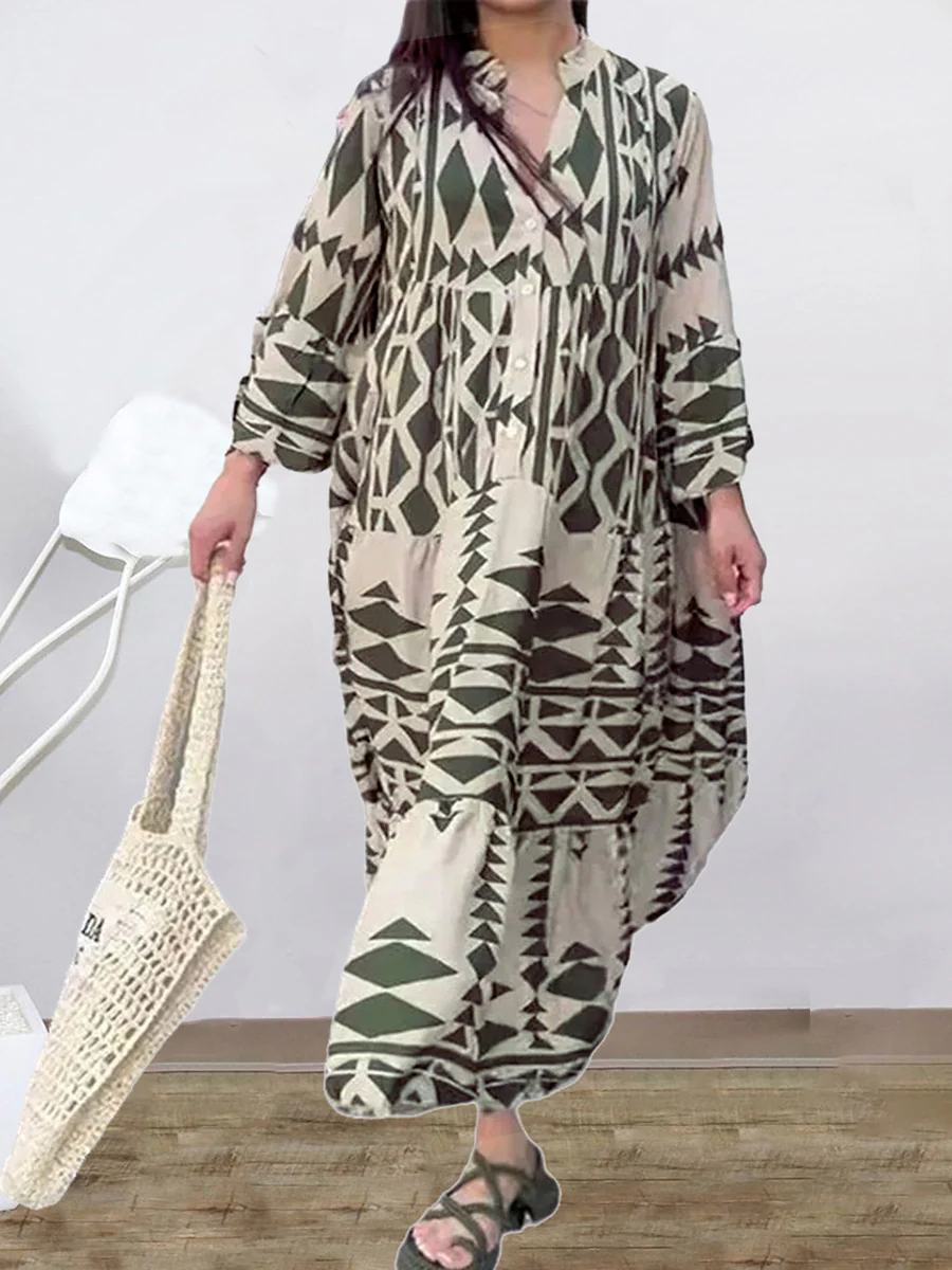 A-Line Long Sleeves Buttoned Contrast Color Pleated Printed Split-Joint Stand Collar Maxi Dresses Shirt Dress - Image 2