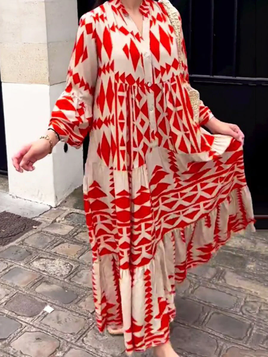 A-Line Long Sleeves Buttoned Contrast Color Pleated Printed Split-Joint Stand Collar Maxi Dresses Shirt Dress - Image 3