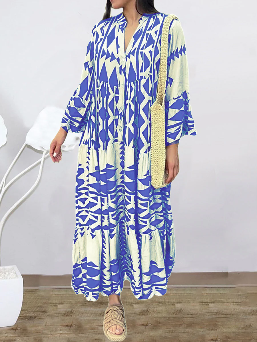 A-Line Long Sleeves Buttoned Contrast Color Pleated Printed Split-Joint Stand Collar Maxi Dresses Shirt Dress - Image 4