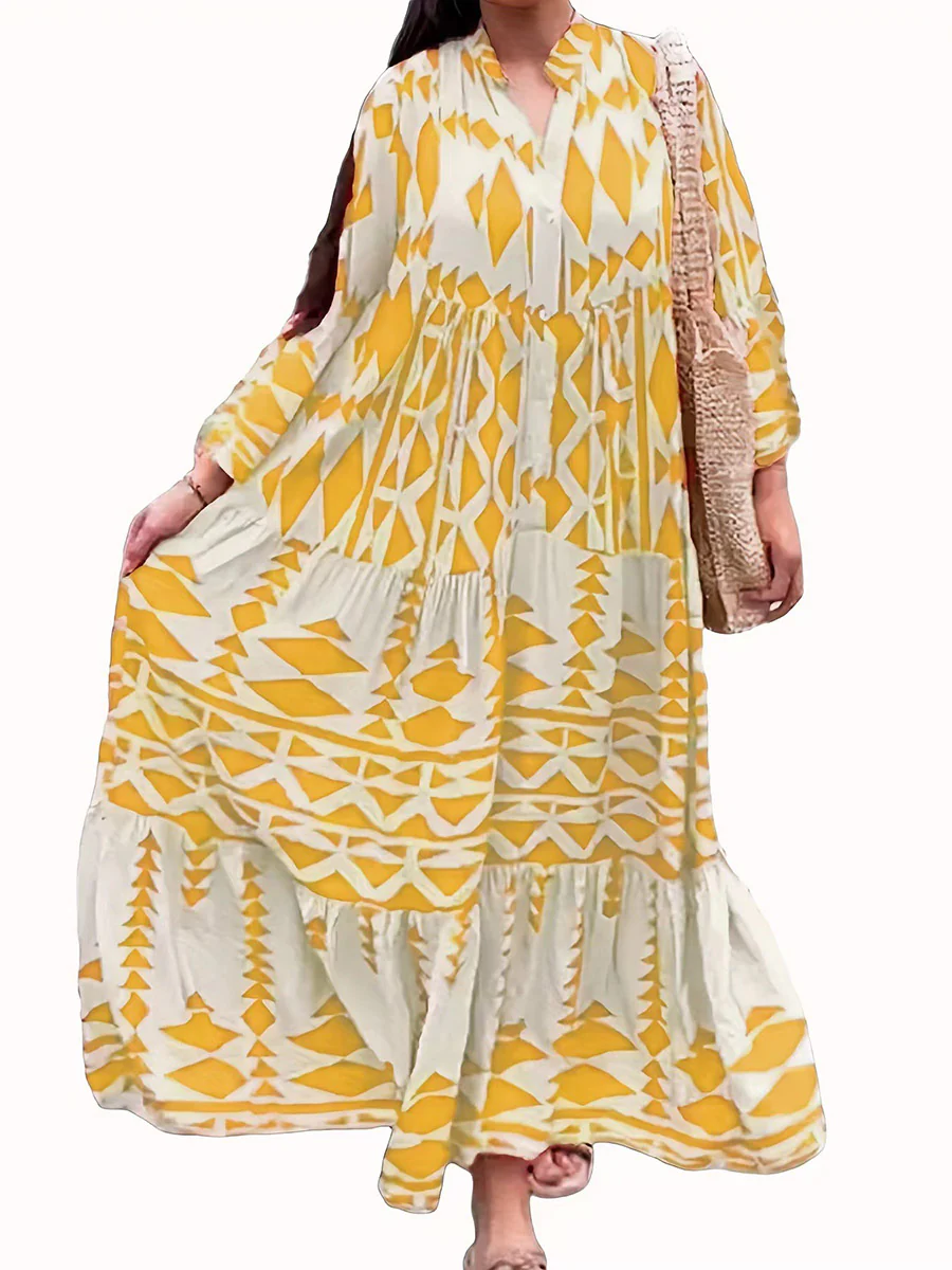 A-Line Long Sleeves Buttoned Contrast Color Pleated Printed Split-Joint Stand Collar Maxi Dresses Shirt Dress - Image 5