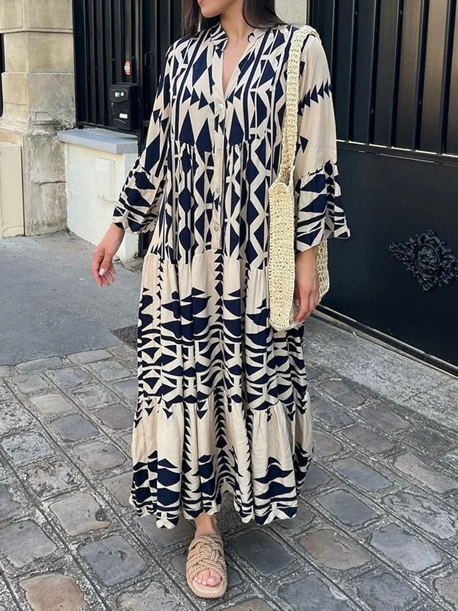 A-Line Long Sleeves Buttoned Contrast Color Pleated Printed Split-Joint Stand Collar Maxi Dresses Shirt Dress - Image 6