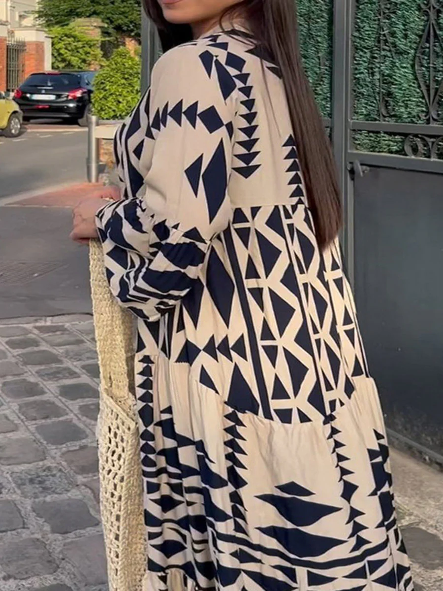 A-Line Long Sleeves Buttoned Contrast Color Pleated Printed Split-Joint Stand Collar Maxi Dresses Shirt Dress - Image 7