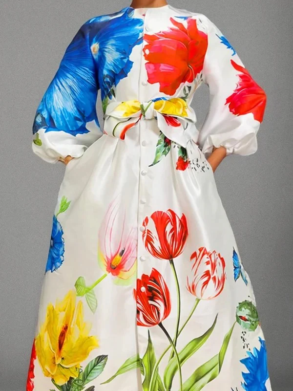 A-Line Long Sleeves Buttoned Elasticity Pockets Tied Waist Mock Neck Maxi Dresses - Image 2