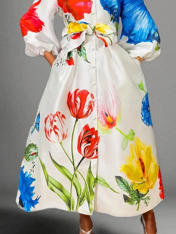 A-Line Long Sleeves Buttoned Elasticity Pockets Tied Waist Mock Neck Maxi Dresses - Image 3