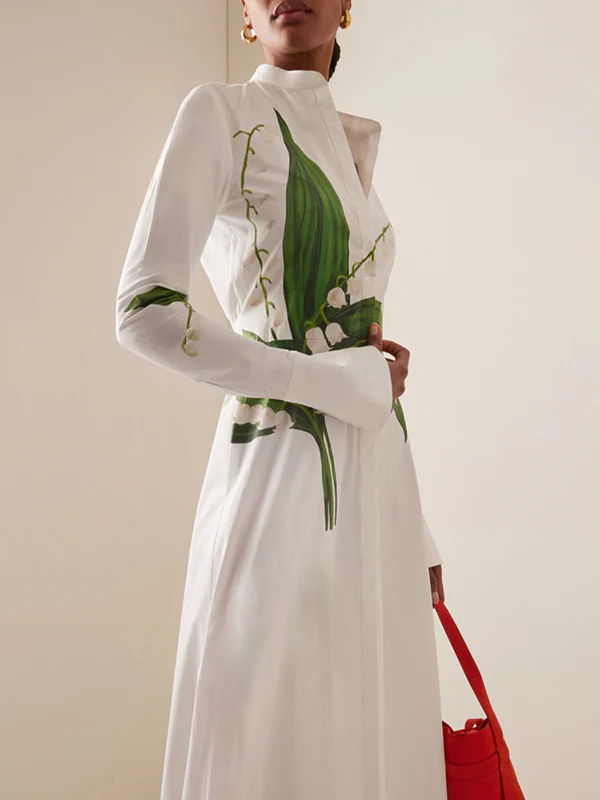 A-Line Long Sleeves Buttoned Flower Print Round-Neck Maxi Dresses - Image 2