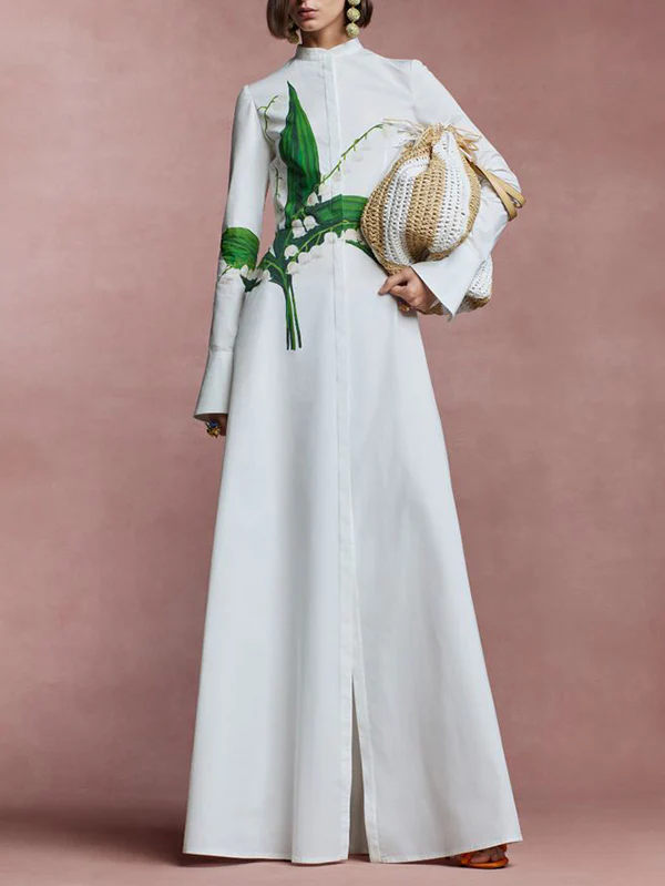 A-Line Long Sleeves Buttoned Flower Print Round-Neck Maxi Dresses - Image 4
