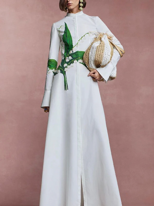 A-Line Long Sleeves Buttoned Flower Print Round-Neck Maxi Dresses - Image 5