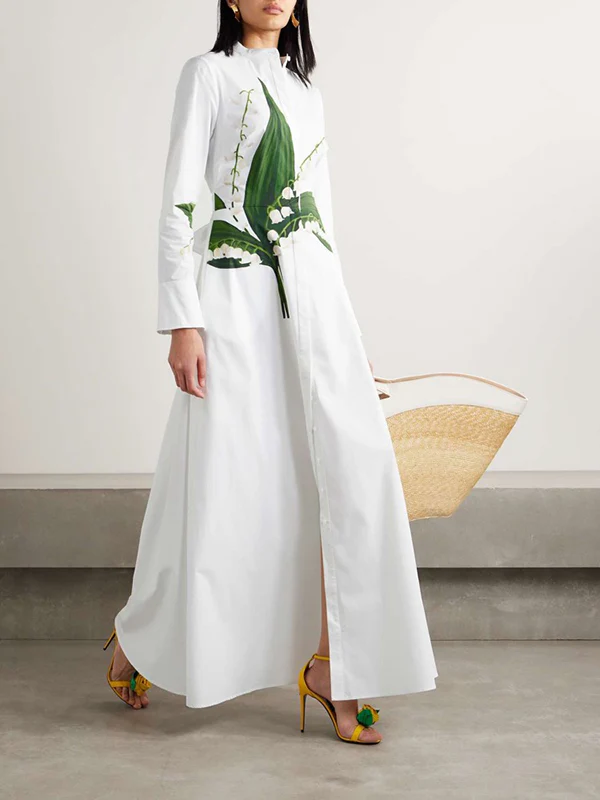 A-Line Long Sleeves Buttoned Flower Print Round-Neck Maxi Dresses - Image 6