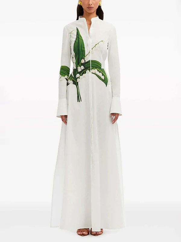 A-Line Long Sleeves Buttoned Flower Print Round-Neck Maxi Dresses - Image 7