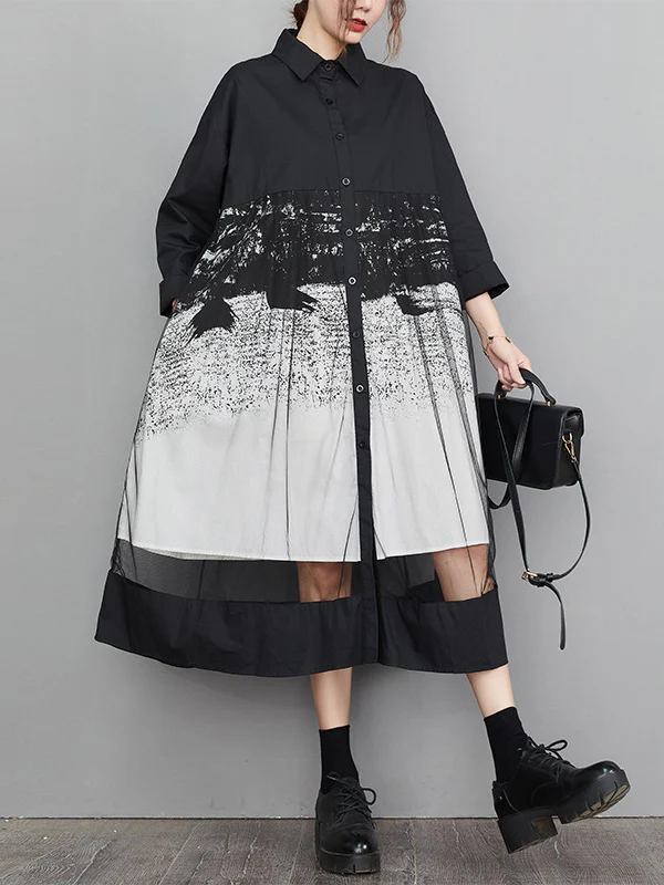A-Line Long Sleeves Buttoned Gauze Printed Split-Joint Lapel Midi Dresses - Image 2
