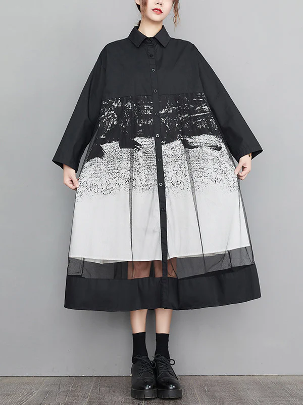 A-Line Long Sleeves Buttoned Gauze Printed Split-Joint Lapel Midi Dresses - Image 3