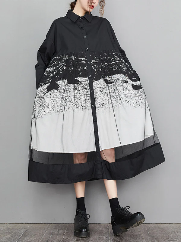 A-Line Long Sleeves Buttoned Gauze Printed Split-Joint Lapel Midi Dresses - Image 4