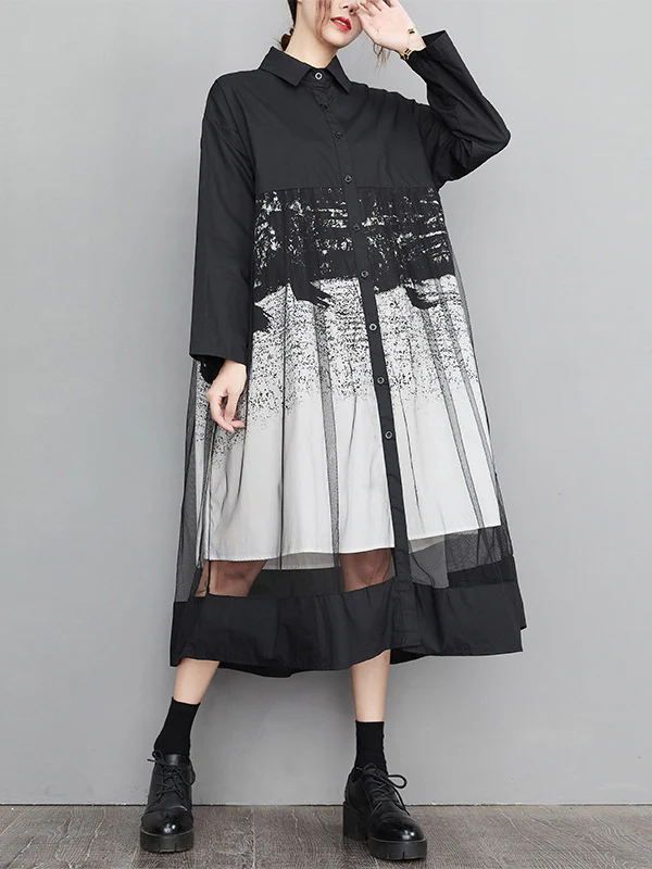 A-Line Long Sleeves Buttoned Gauze Printed Split-Joint Lapel Midi Dresses - Image 5