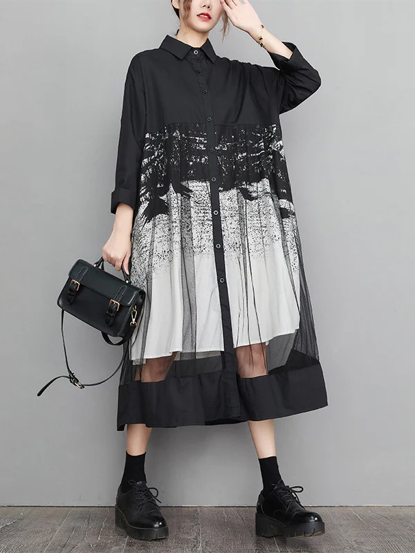 A-Line Long Sleeves Buttoned Gauze Printed Split-Joint Lapel Midi Dresses - Image 6