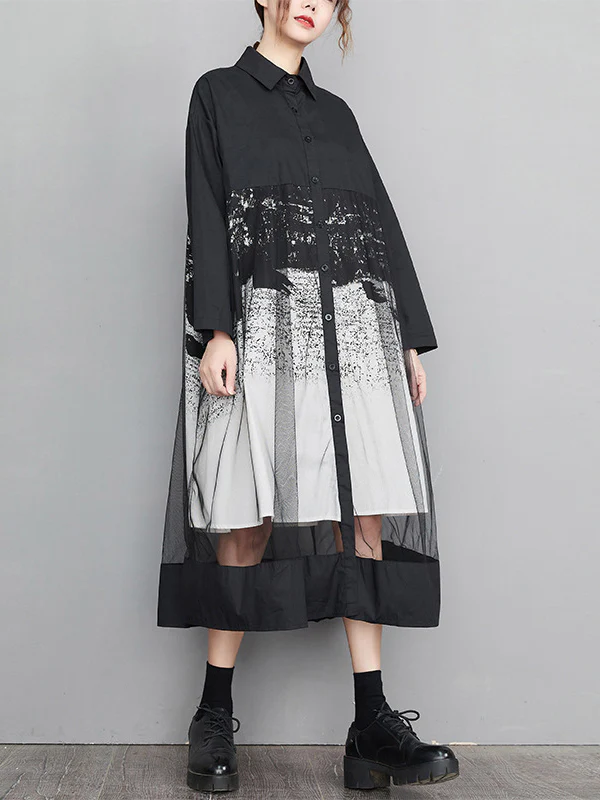 A-Line Long Sleeves Buttoned Gauze Printed Split-Joint Lapel Midi Dresses - Image 7