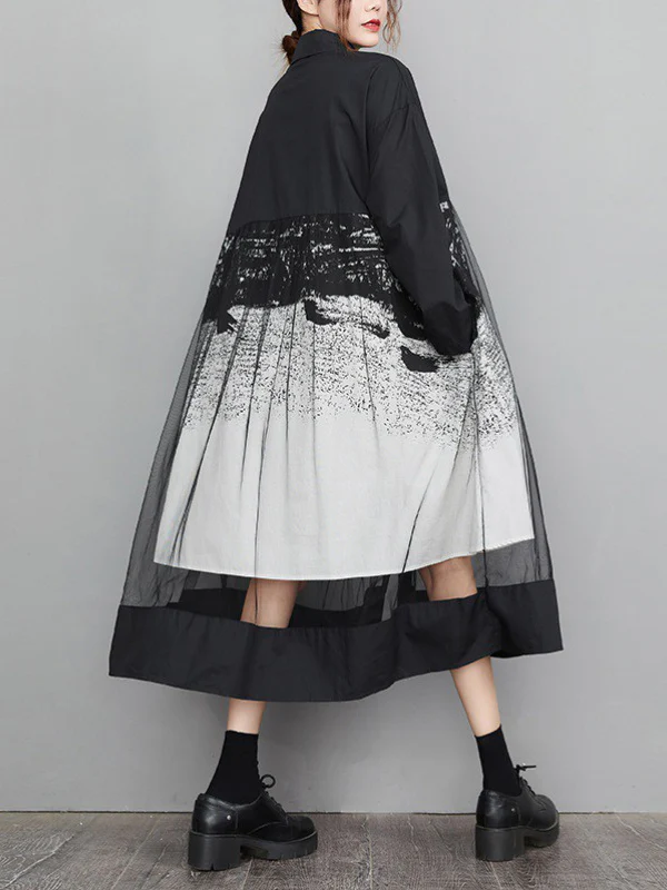 A-Line Long Sleeves Buttoned Gauze Printed Split-Joint Lapel Midi Dresses - Image 8