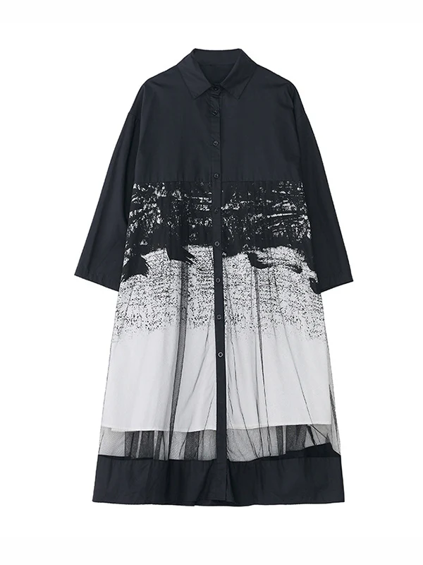 A-Line Long Sleeves Buttoned Gauze Printed Split-Joint Lapel Midi Dresses - Image 9