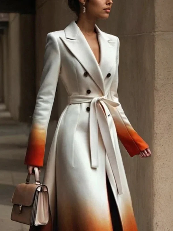 A-Line Long Sleeves Buttoned Gradient Split-Joint Tied Waist Notched Collar Woolen Coat - Image 2