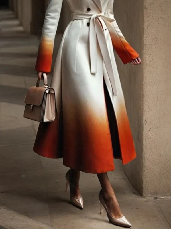A-Line Long Sleeves Buttoned Gradient Split-Joint Tied Waist Notched Collar Woolen Coat - Image 3
