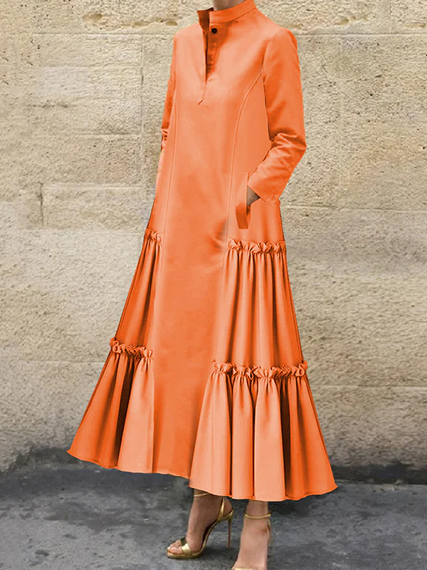 A-Line Long Sleeves Buttoned Layered Pleated Pockets Ruffled Solid Color Split-Joint Stand Collar Maxi Dresses - Image 2