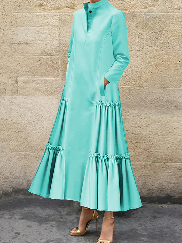 A-Line Long Sleeves Buttoned Layered Pleated Pockets Ruffled Solid Color Split-Joint Stand Collar Maxi Dresses - Image 3