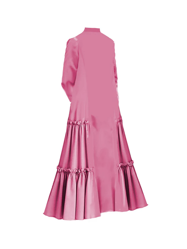 A-Line Long Sleeves Buttoned Layered Pleated Pockets Ruffled Solid Color Split-Joint Stand Collar Maxi Dresses - Image 4