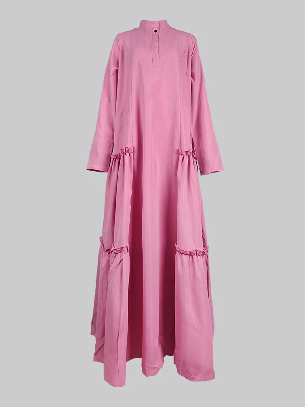 A-Line Long Sleeves Buttoned Layered Pleated Pockets Ruffled Solid Color Split-Joint Stand Collar Maxi Dresses - Image 5