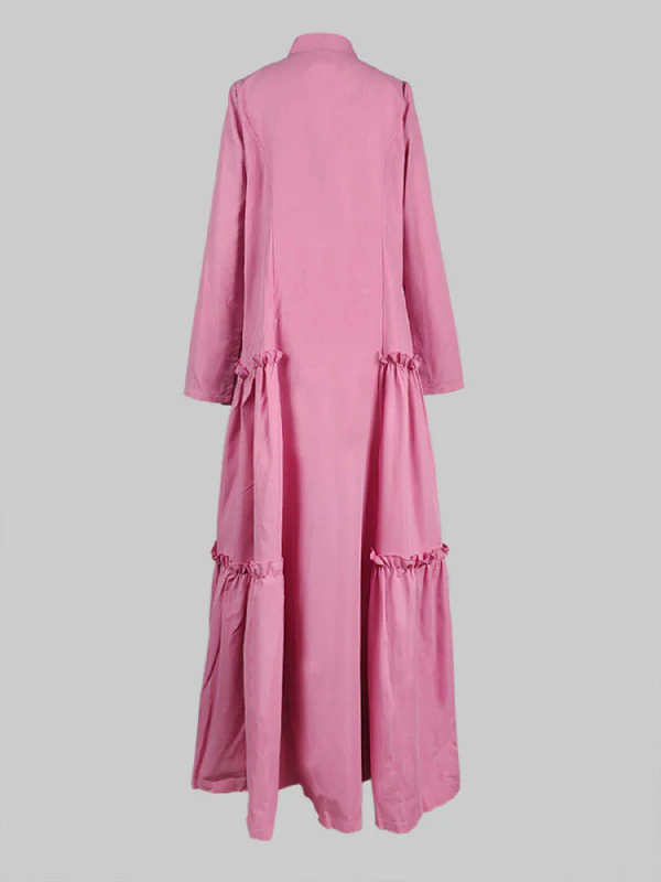 A-Line Long Sleeves Buttoned Layered Pleated Pockets Ruffled Solid Color Split-Joint Stand Collar Maxi Dresses - Image 6