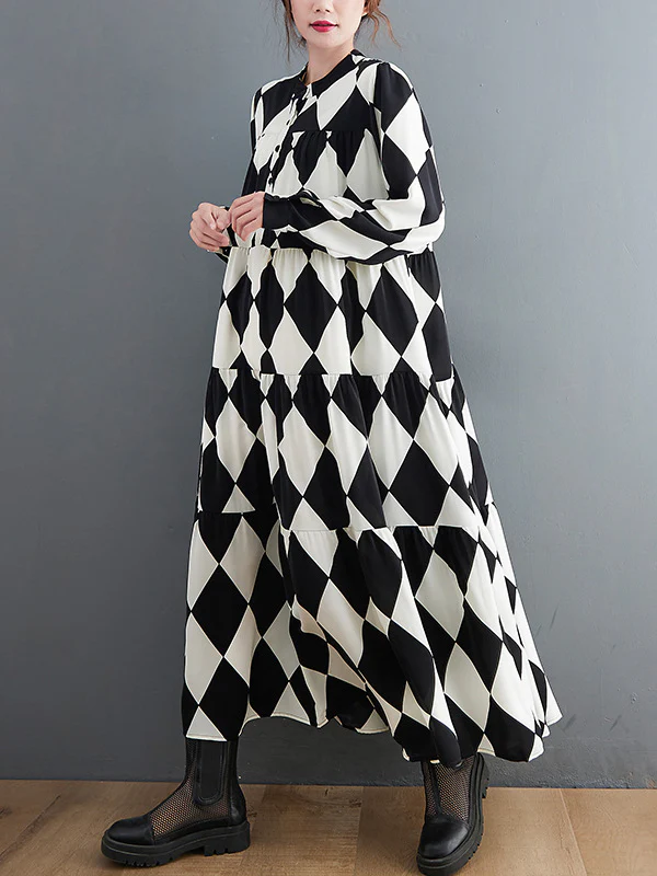 A-Line Long Sleeves Buttoned Plaid Polo Midi Dresses - Image 2