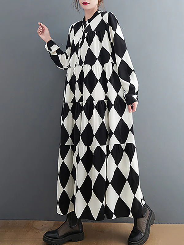 A-Line Long Sleeves Buttoned Plaid Polo Midi Dresses - Image 3