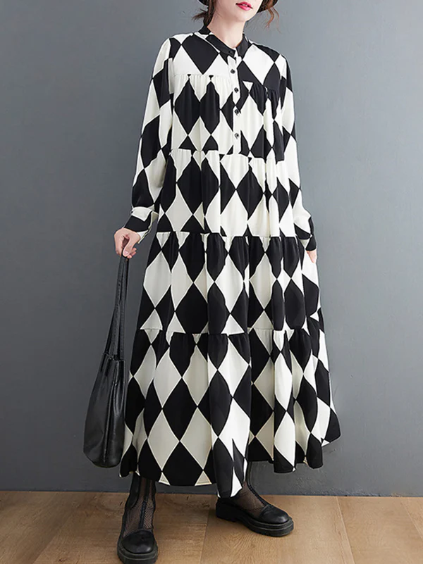 A-Line Long Sleeves Buttoned Plaid Polo Midi Dresses - Image 4