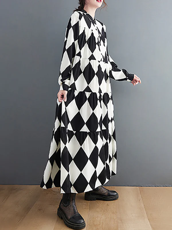 A-Line Long Sleeves Buttoned Plaid Polo Midi Dresses - Image 5
