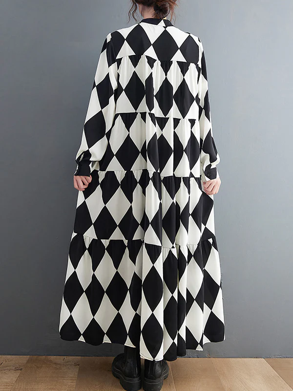 A-Line Long Sleeves Buttoned Plaid Polo Midi Dresses - Image 6
