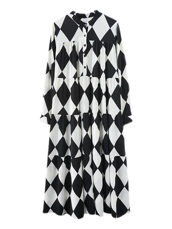 A-Line Long Sleeves Buttoned Plaid Polo Midi Dresses - Image 7